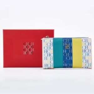 Carolina Herrera Multicolor Stripe CH Logo Zip Wallet in Blue, Teal & Yellow